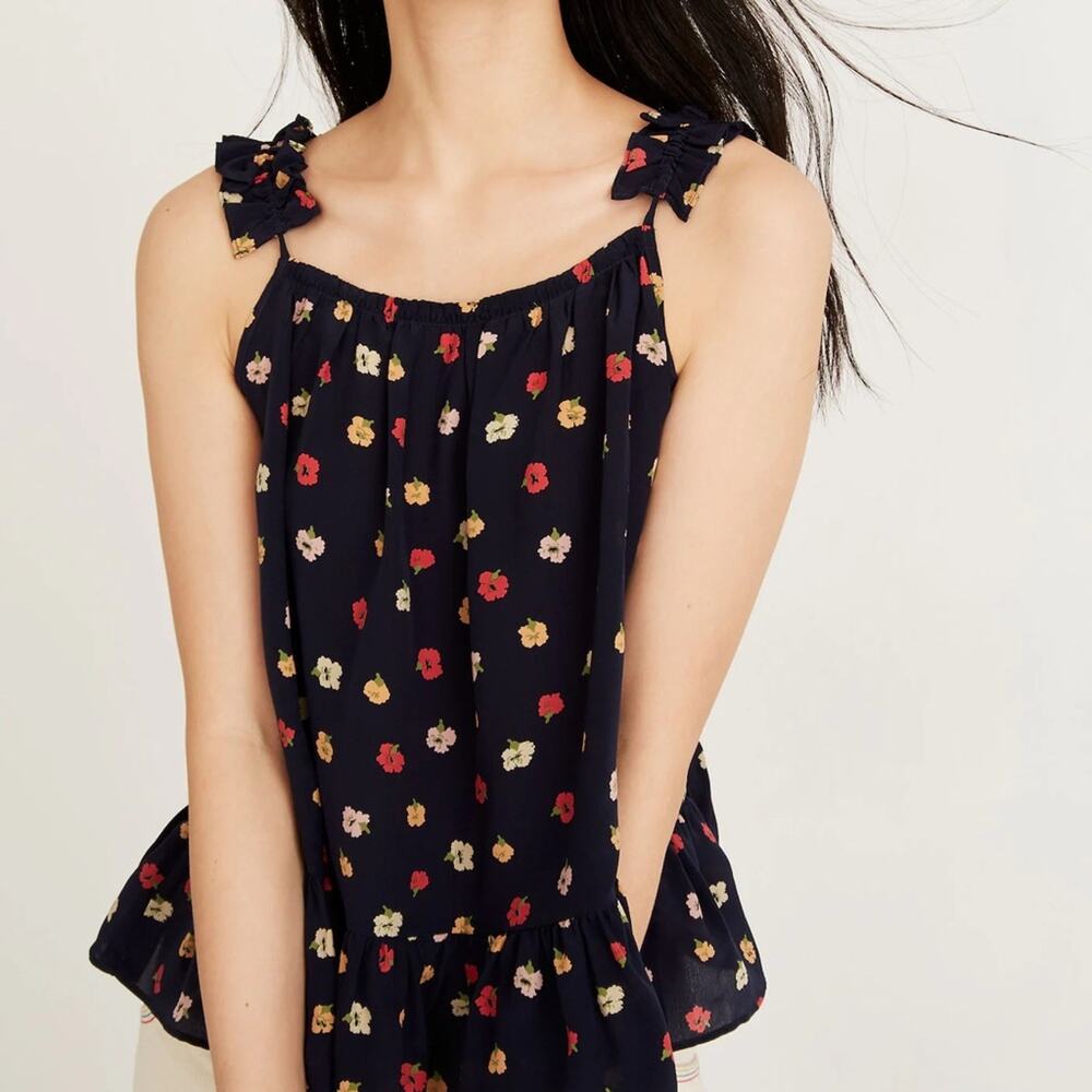 Madewell 100% Silk Ruffle Strap Flowy Cami Tank Top Confetti Floral Navy Size 6